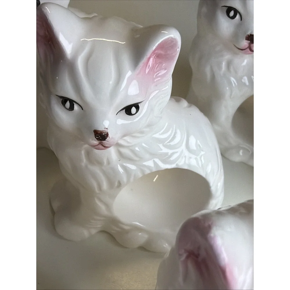 Abbott Kitten/Cat/Kitty Napkin Rings Set Of 7 Vintage 80's Porcelain, Ceramic